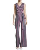 Surplice Sleeveless Striped Wide-leg Jumpsuit