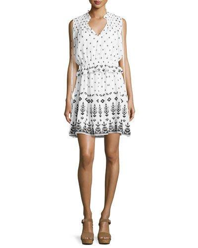 Sleeveless Embroidered 2-in-1 Poplin Dress, White