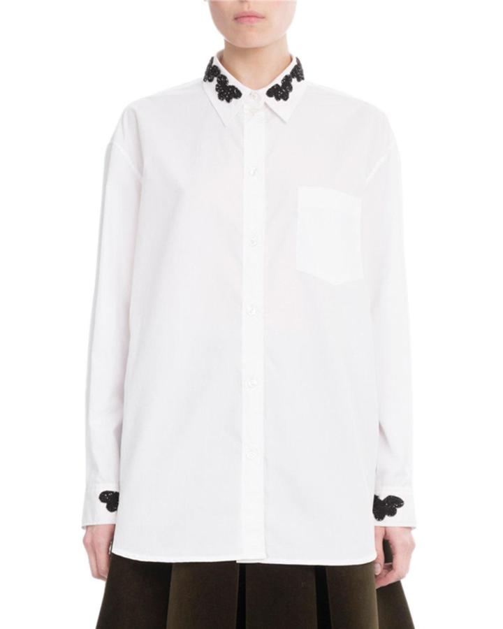 Beaded Cotton Button-down Blouse, White/black