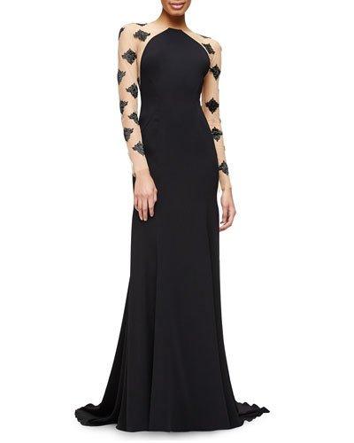 Damask Beaded Sheer-inset Gown