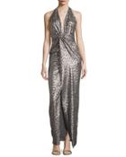 Sequined Halter Gown With Front