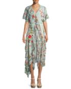 Kadence Short-sleeve Floral-print Lace Godet Dress W/ Ruffled Frills