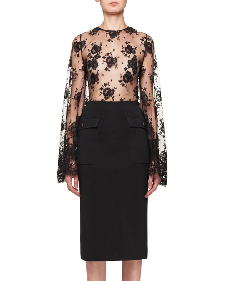 Sheer Lace Bell-sleeve Blouse