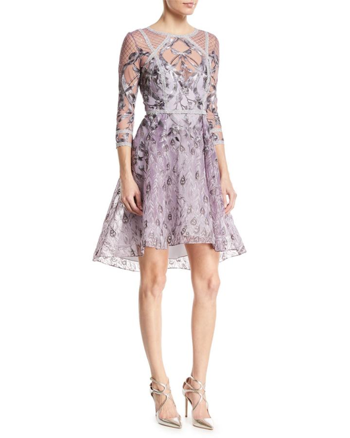 Embroidered High-low Metallic-trim Cocktail Dress