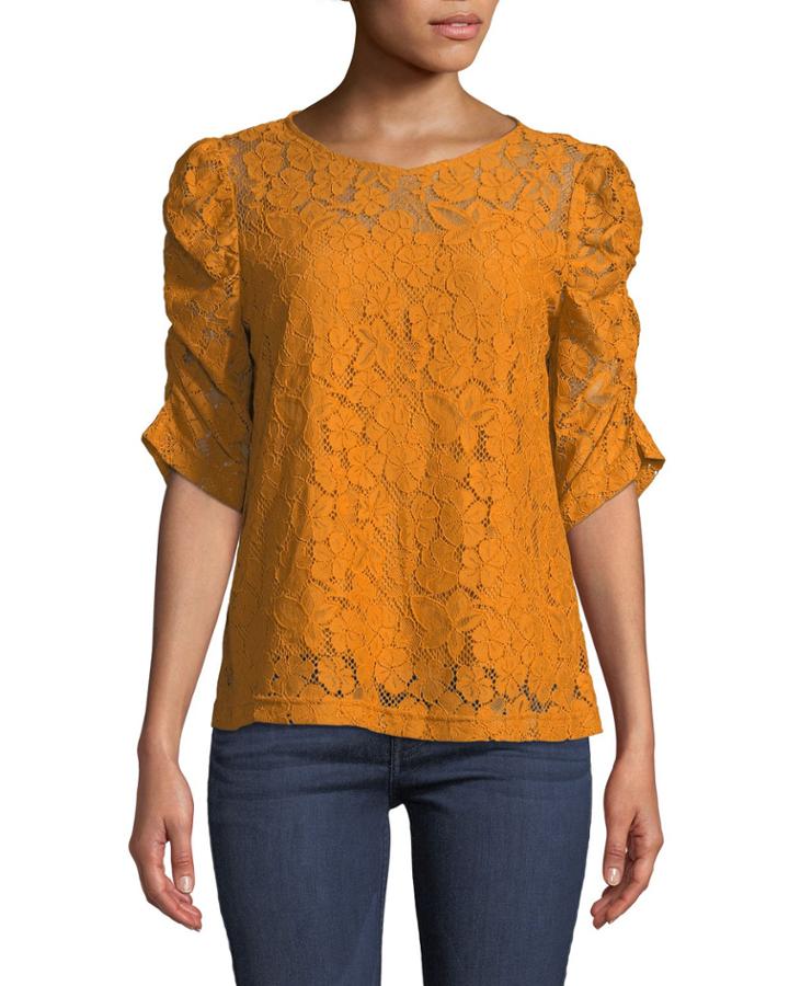 Jewel-neck Puff-sleeve