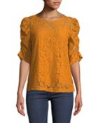 Jewel-neck Puff-sleeve