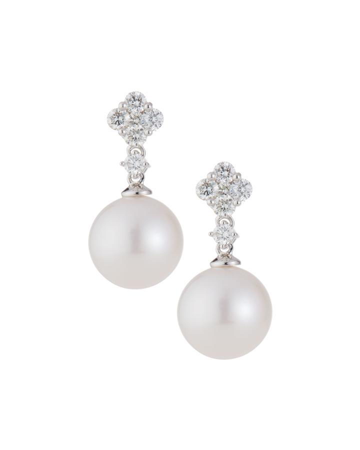18k White Gold Diamond-post Pearl Earrings, White