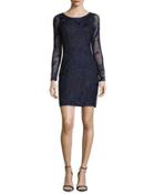 Long-sleeve Beaded Floral Cocktail Dress, Navy