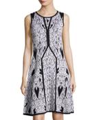 Crewneck Fit & Flare Jacquard Dress, Gray/white