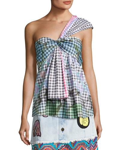 One-shoulder Gingham Top,