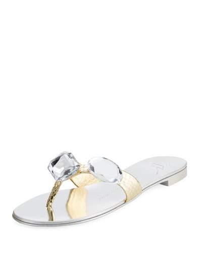 Jeweled Metallic Flat Slide Sandal, Yellow Gold