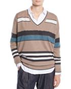 V-neck 2-ply Rugby-stripe Cashmere Sweater W/ Paillettes