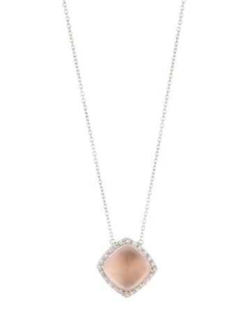 18k White Gold Square Rose Quartz Pendant Necklace W/ Diamonds,