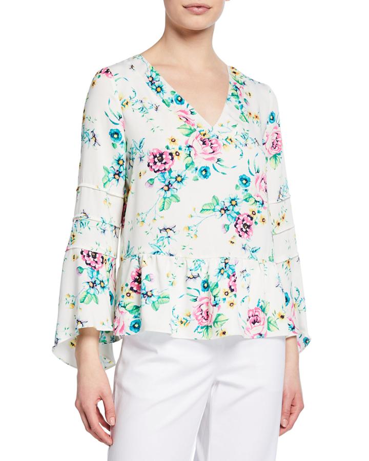 Floral-print V-neck Bell-sleeve Top