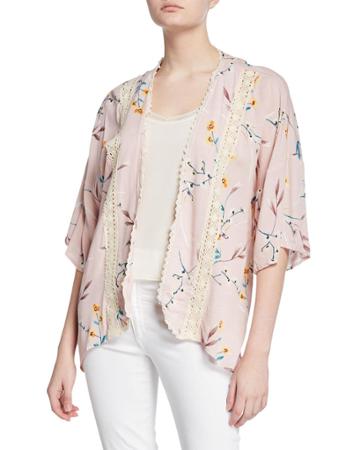 Breezy Floral-print Open-front Lace Trim Cardigan