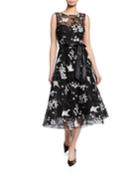 Bird Embroidered Sleeveless Midi Tulle Cocktail Dress