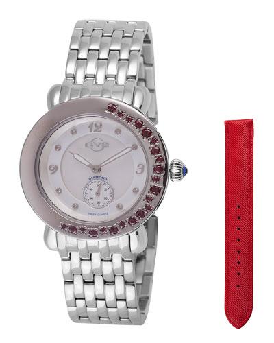 37mm Marsala Gemstone Chronograph Watch W/ Diamonds & Garnets, Pearl