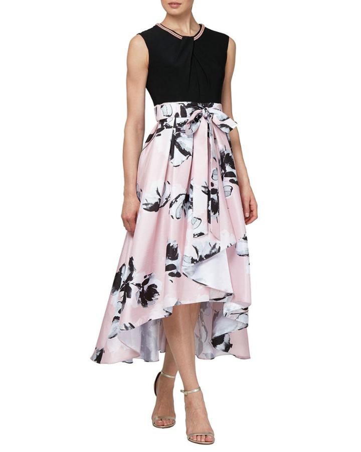 Two-tone Print Embellished High-low Party Dress