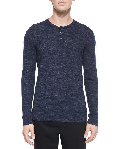 Wool-blend Long-sleeve Henley Tee, Blue