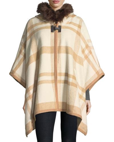 Big-plaid Wool Cape W/faux-fur Trim