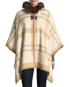 Big-plaid Wool Cape W/faux-fur Trim