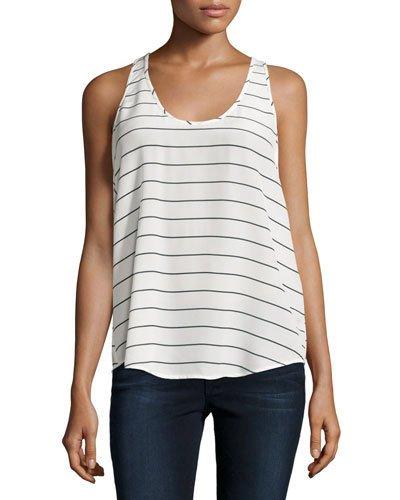 Sleeveless Striped Crepe Blouse, Porcelain/dark Navy