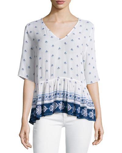 Wring Printed Peplum Open-back Blouse, White