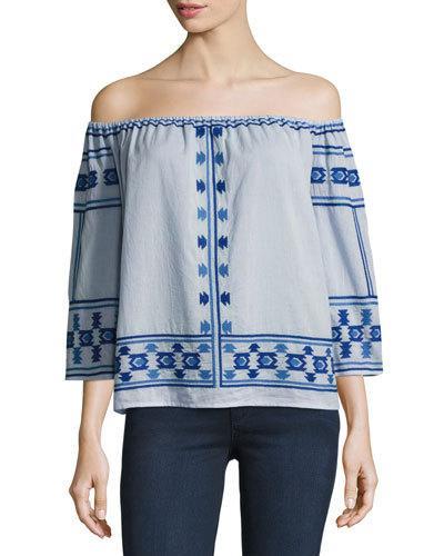 Embroidered Off-the-shoulder Top, Blue