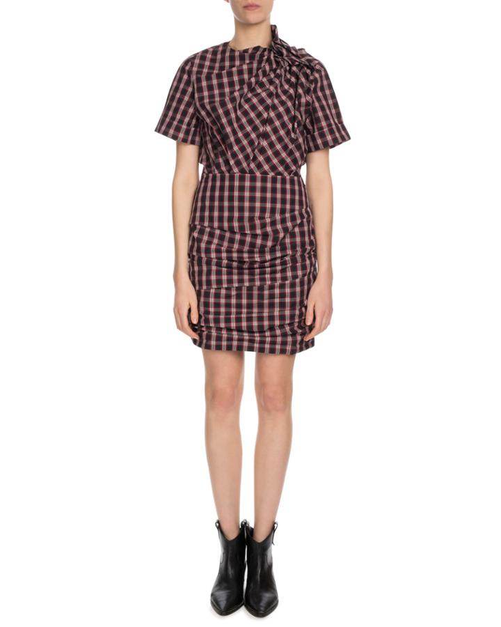 Oria Shirred Check-print Dress