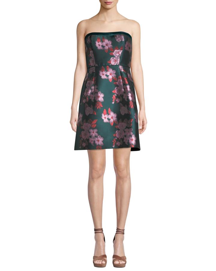 Strapless Metallic Jacquard Flower Dress