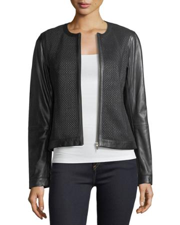 Center-zip Leather Basketweave Jacket