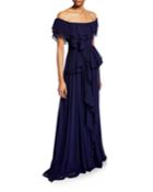 Chiffon Off-the-shoulder Short-sleeve Ruffle Gown