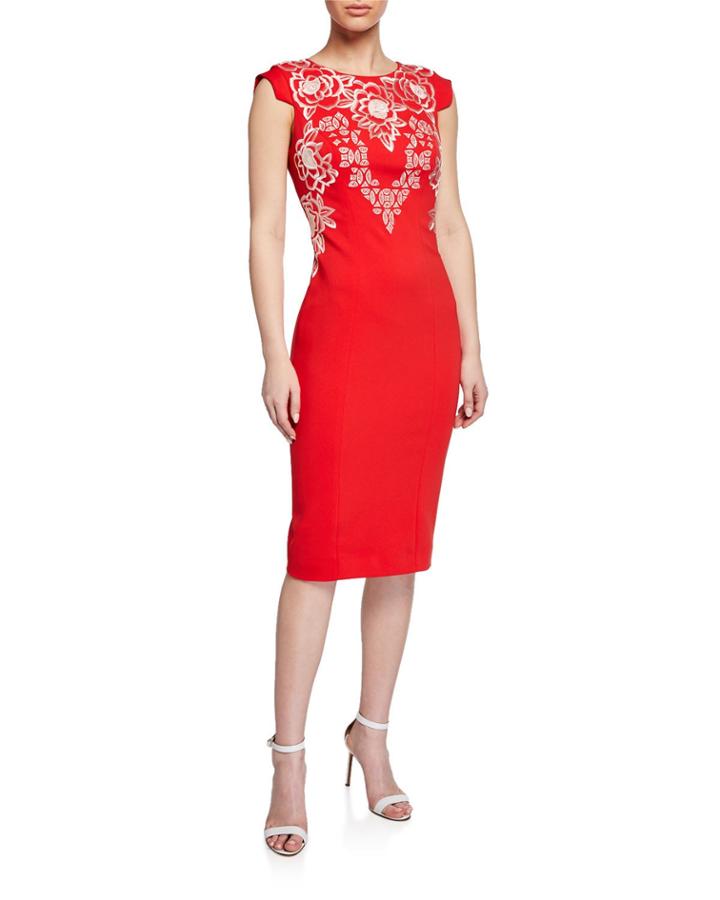 Cap-sleeve Floral-embroidered