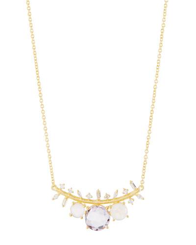 Mixed-stone Curved Bar Pendant Necklace W/ Pink Amethyst