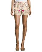 Floral-embroidered Shorts, Buff/multi