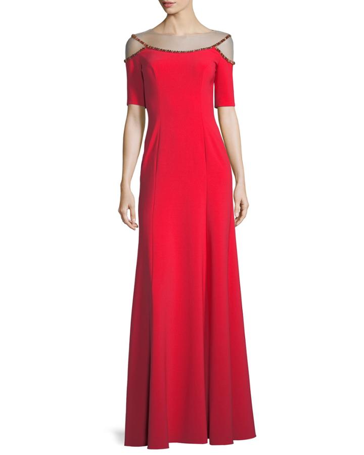 Short-sleeve A-line Evening Gown With Jeweled Beading
