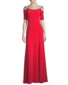 Short-sleeve A-line Evening Gown With Jeweled Beading