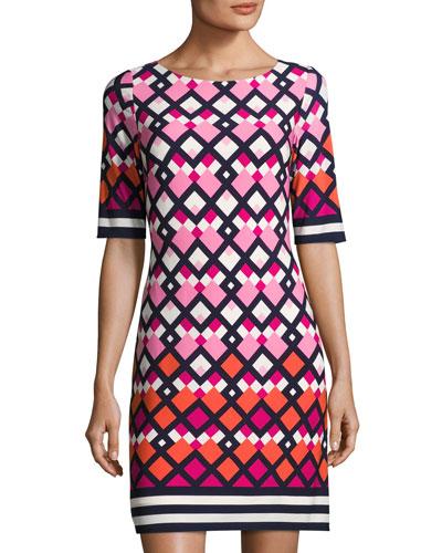 Half-sleeve Geometric-print Shift Dress, Pink Pattern
