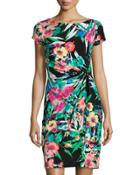 Floral-printed Ruched-side Dress, Black/multi