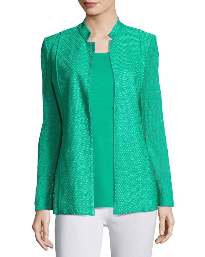 Lace-sleeve Knit Jacket, Green