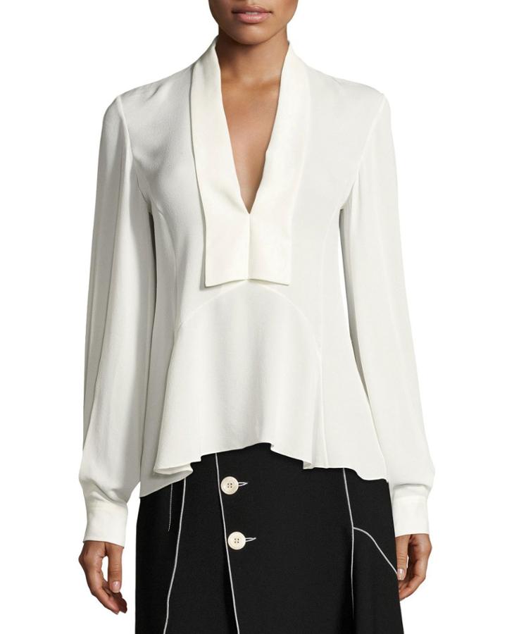 V-neck Silk Blouse, White