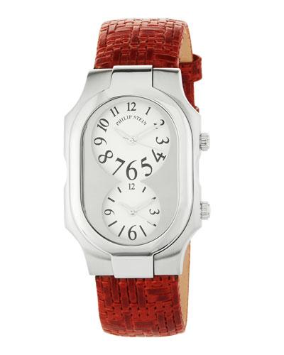 Large Signature Dual Time Zone Watch W/ Calfskin