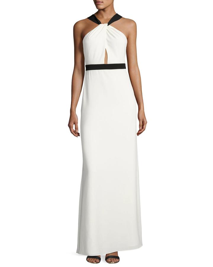 Sleeveless Two-tone Crepe Gown, Off White/black