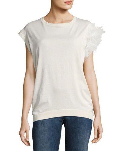 Tulle-ruffle Cotton Sweater Top, White