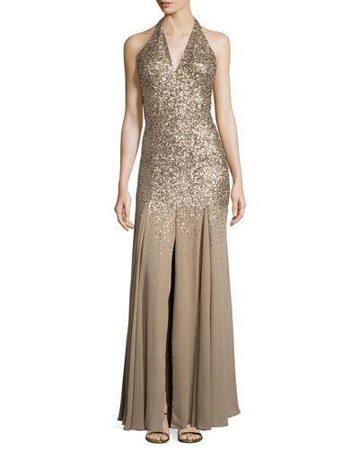 Halter-neck Embellished Gown, Gold