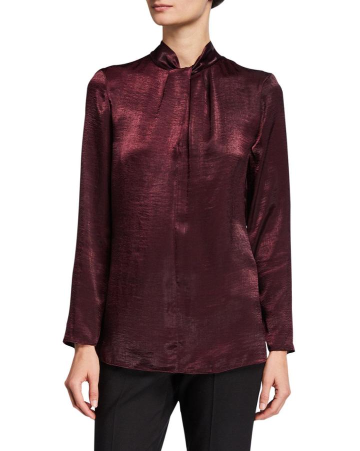 Long-sleeve Blouson Drape-neck Blouse