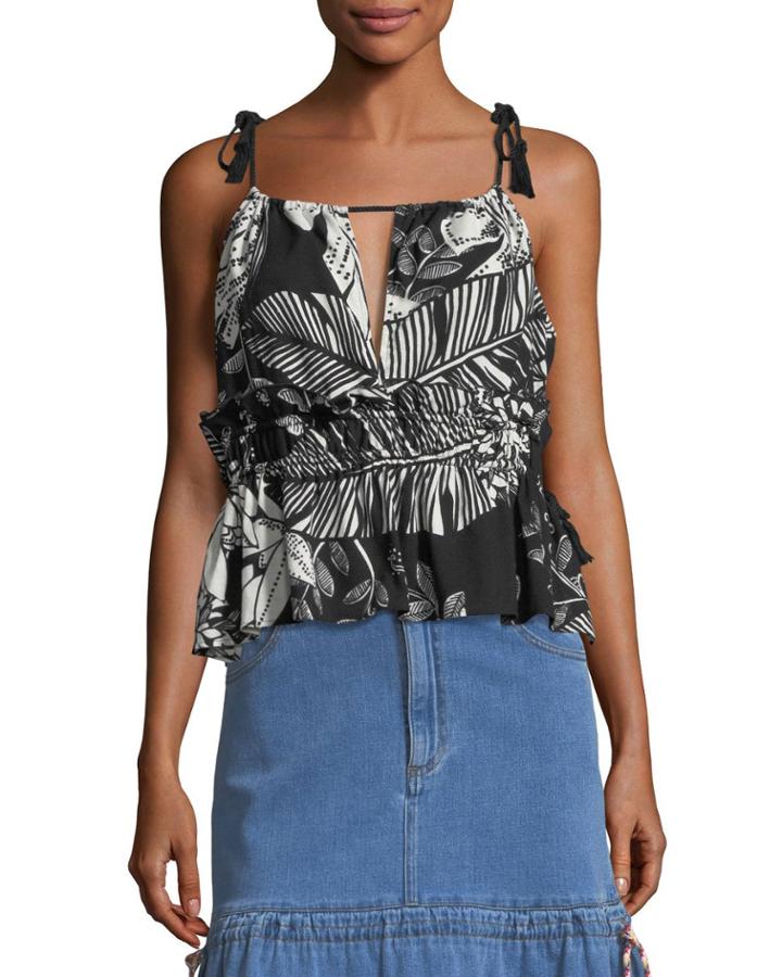 Sleeveless Palm-print Ruffled Cotton Blouse