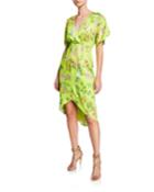 Dolman-sleeve Pleated Floral Short-sleeve Dress