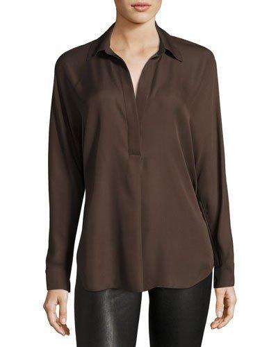 Shirred-yoke Silk Blouse, Brown