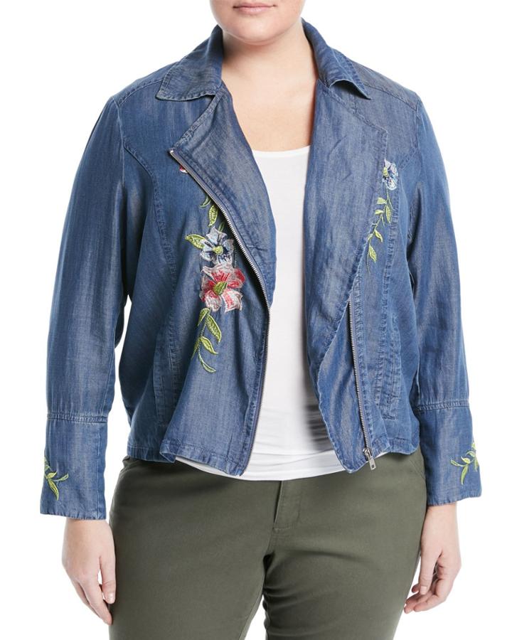 Embroidered Chambray Moto Jacket,